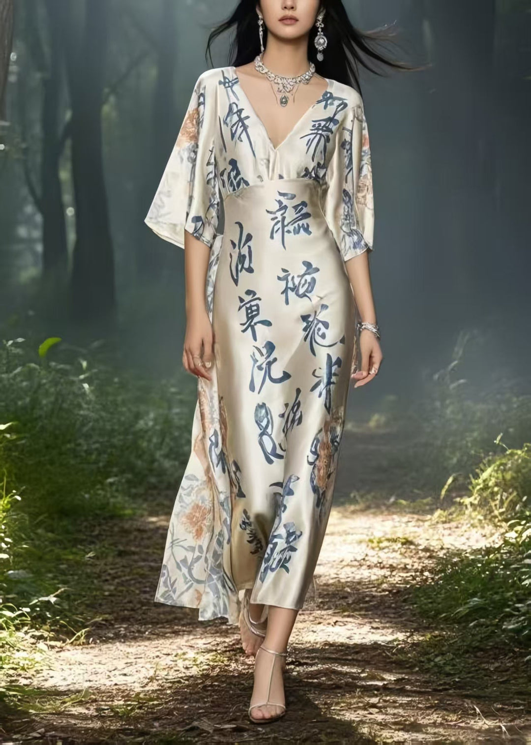 New Retro Apricot Print Draping Silk Robe Dresses Summer