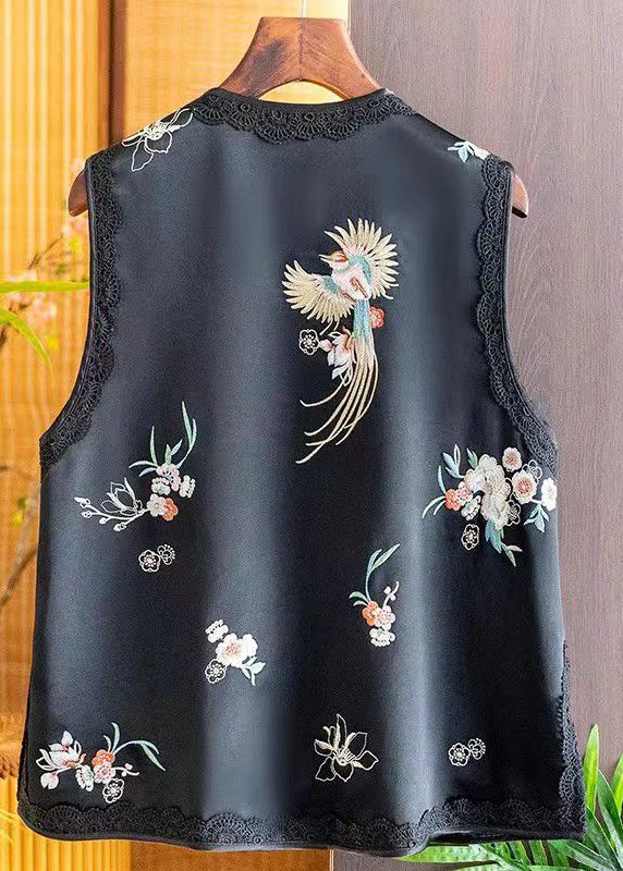 New Retro Black Embroidered Chinese Button Silk Vest Sleeveless