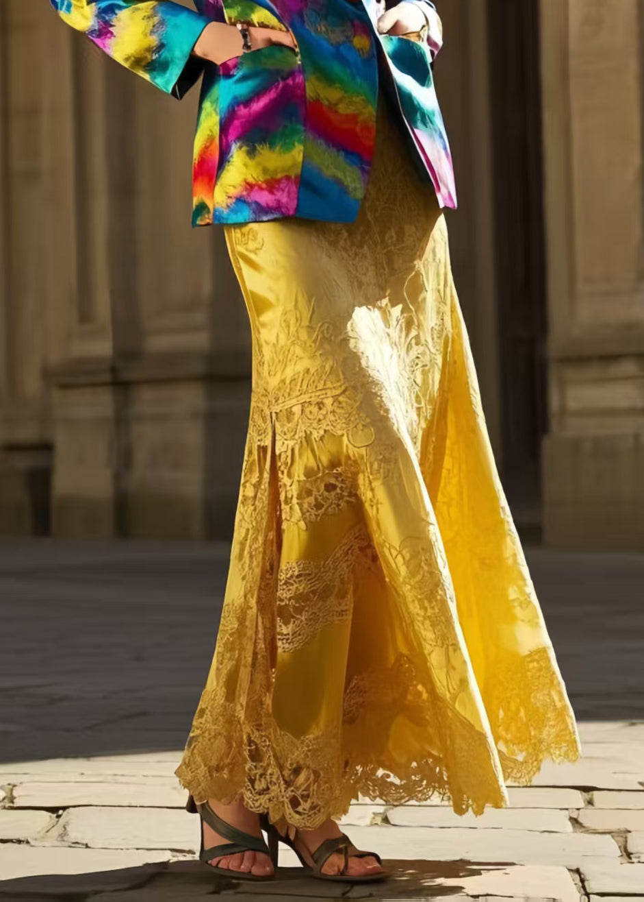 New Retro Yellow Jacquard Patchwork Lace Silk Wraped Skirt Spring
