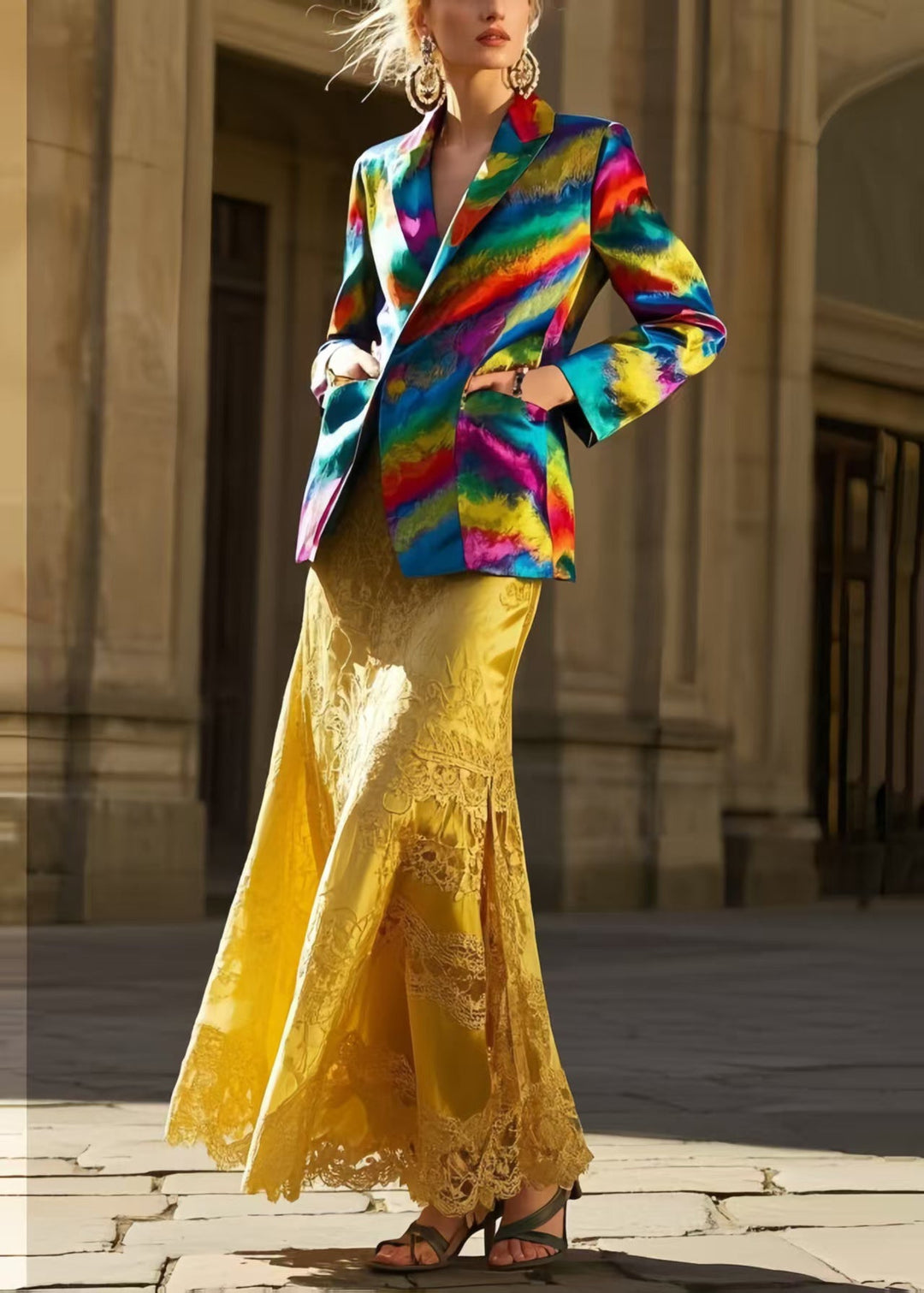 New Retro Yellow Jacquard Patchwork Lace Silk Wraped Skirt Spring