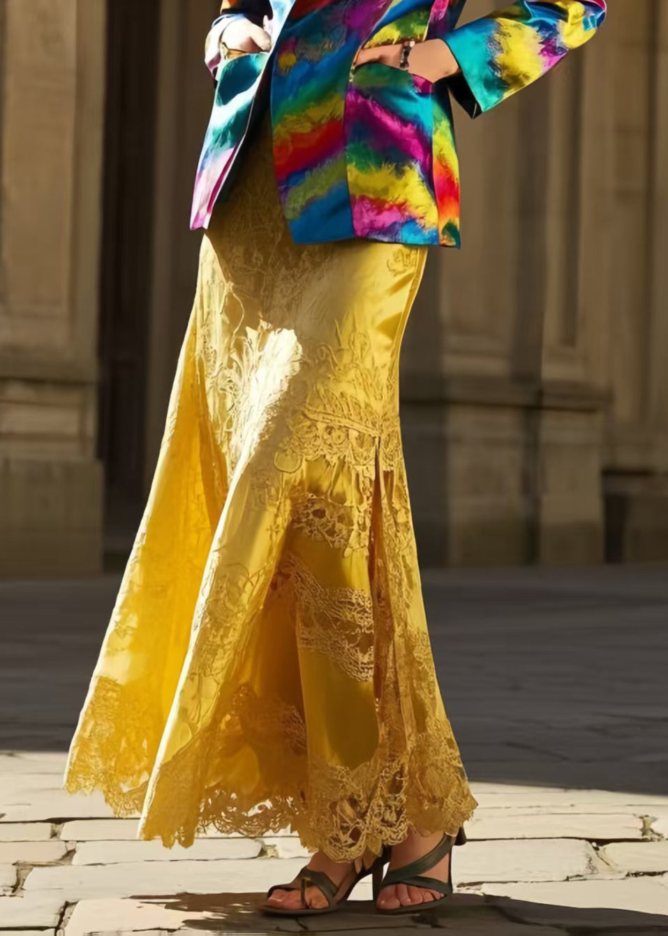 New Retro Yellow Jacquard Patchwork Lace Silk Wraped Skirt Spring