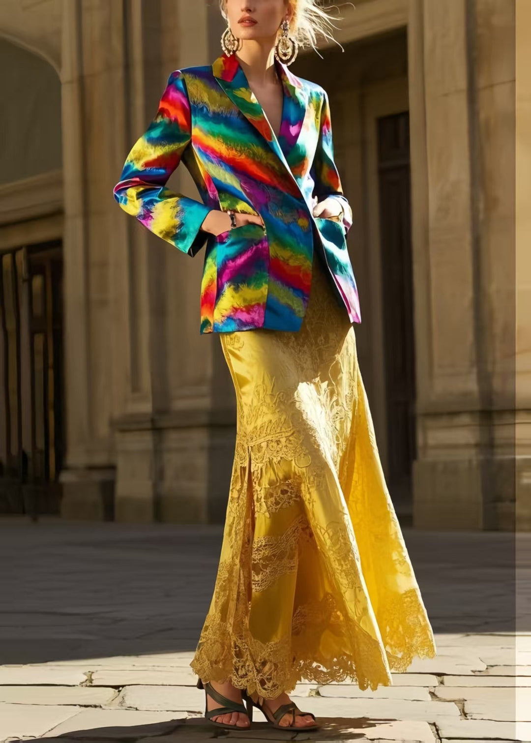 New Retro Yellow Jacquard Patchwork Lace Silk Wraped Skirt Spring