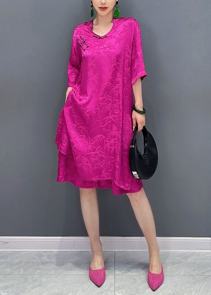 New Rose Print Side Open Silk Two Pieces Set Half Sleeve