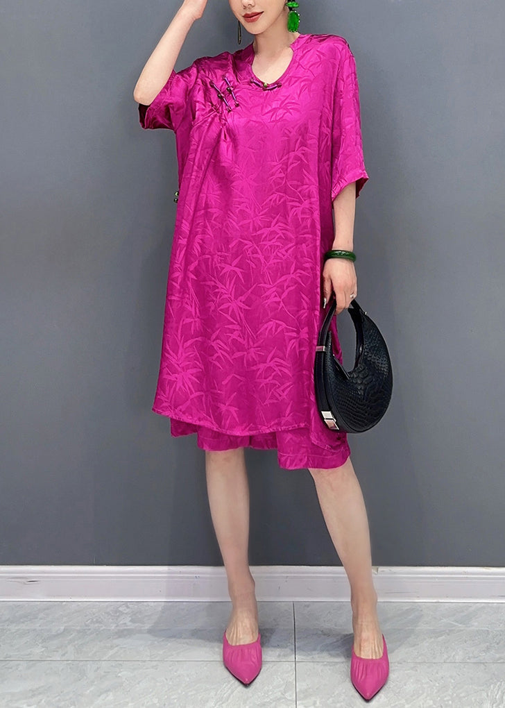 New Rose Print Side Open Silk Two Pieces Set Half Sleeve