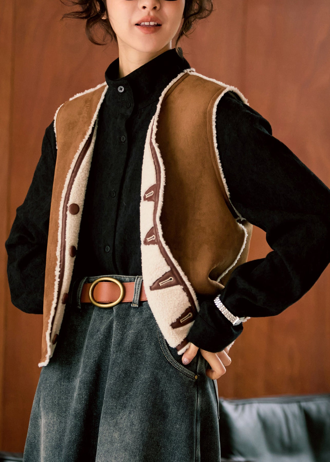 New V Neck Faux Fur Wear On Both Sides Vest Sleeveless