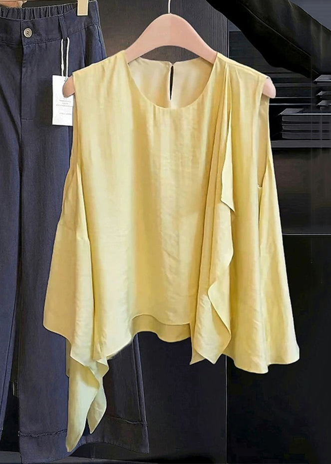 New White Asymmetrical Cotton Shirts O Neck Sleeveless