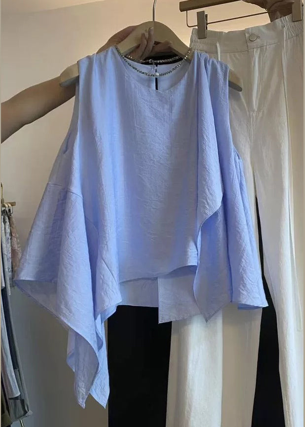 New White Asymmetrical Cotton Shirts O Neck Sleeveless