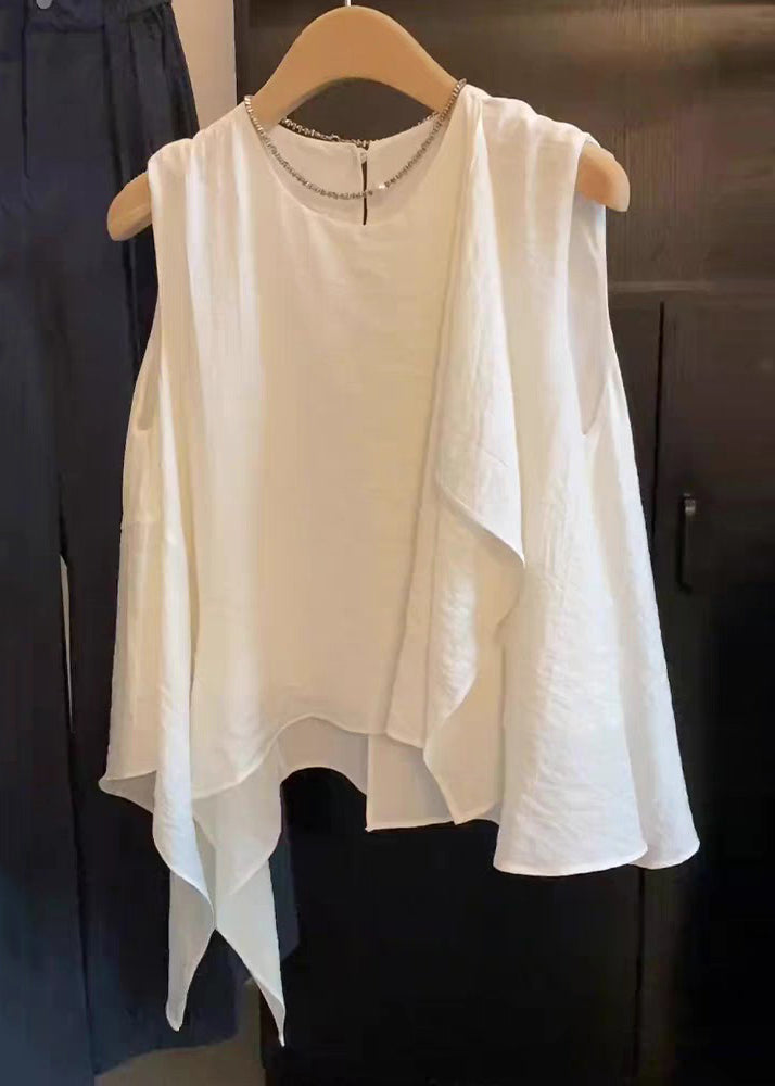 New White Asymmetrical Cotton Shirts O Neck Sleeveless