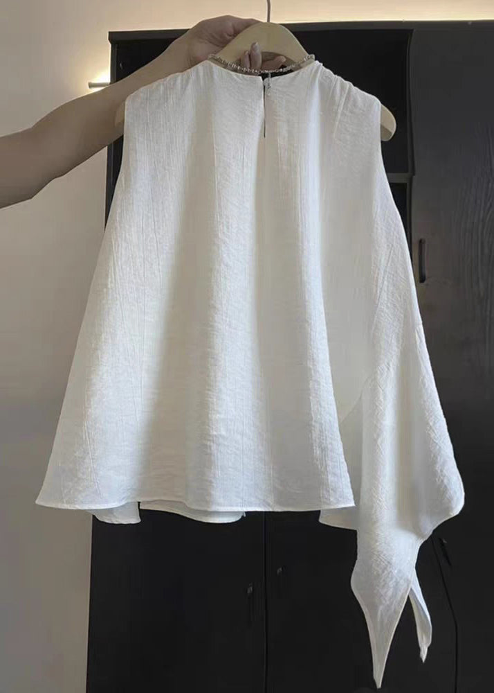 New White Asymmetrical Cotton Shirts O Neck Sleeveless