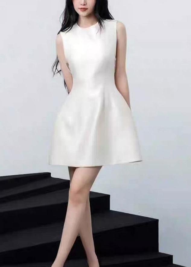 New White Bow High Waist Solid Cotton Party Dress Sleeveless