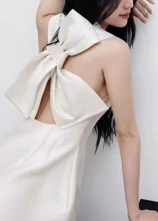 New White Bow High Waist Solid Cotton Party Dress Sleeveless