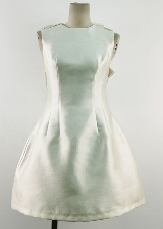 New White Bow High Waist Solid Cotton Party Dress Sleeveless