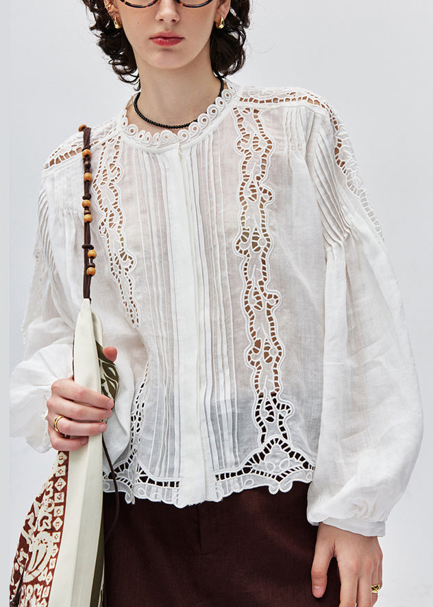 New White Hollow Out Embroidered Linen Blouses Lantern Sleeve