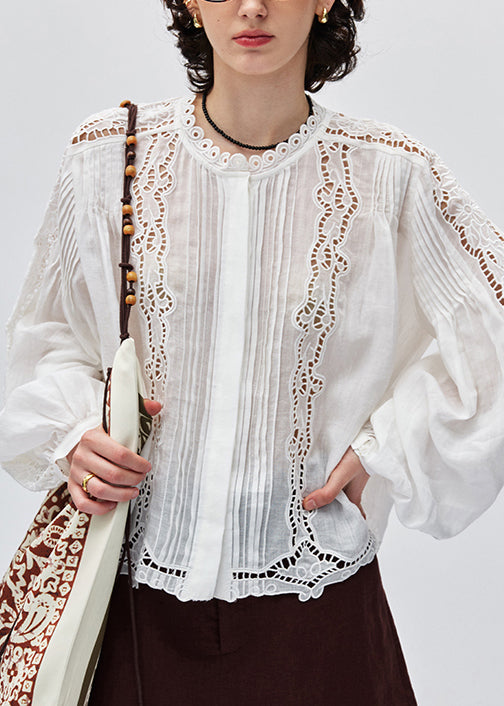 New White Hollow Out Embroidered Linen Blouses Lantern Sleeve