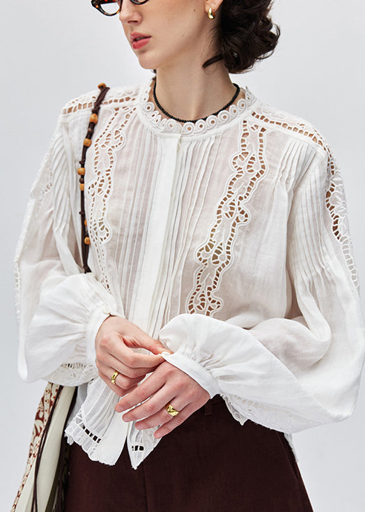 New White Hollow Out Embroidered Linen Blouses Lantern Sleeve