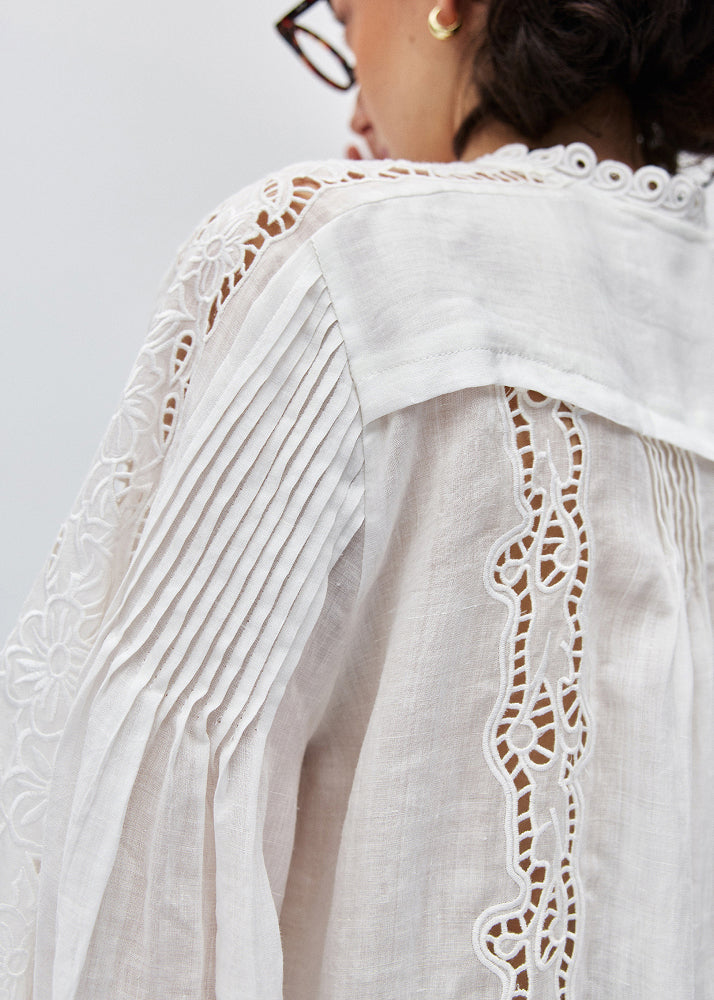 New White Hollow Out Embroidered Linen Blouses Lantern Sleeve