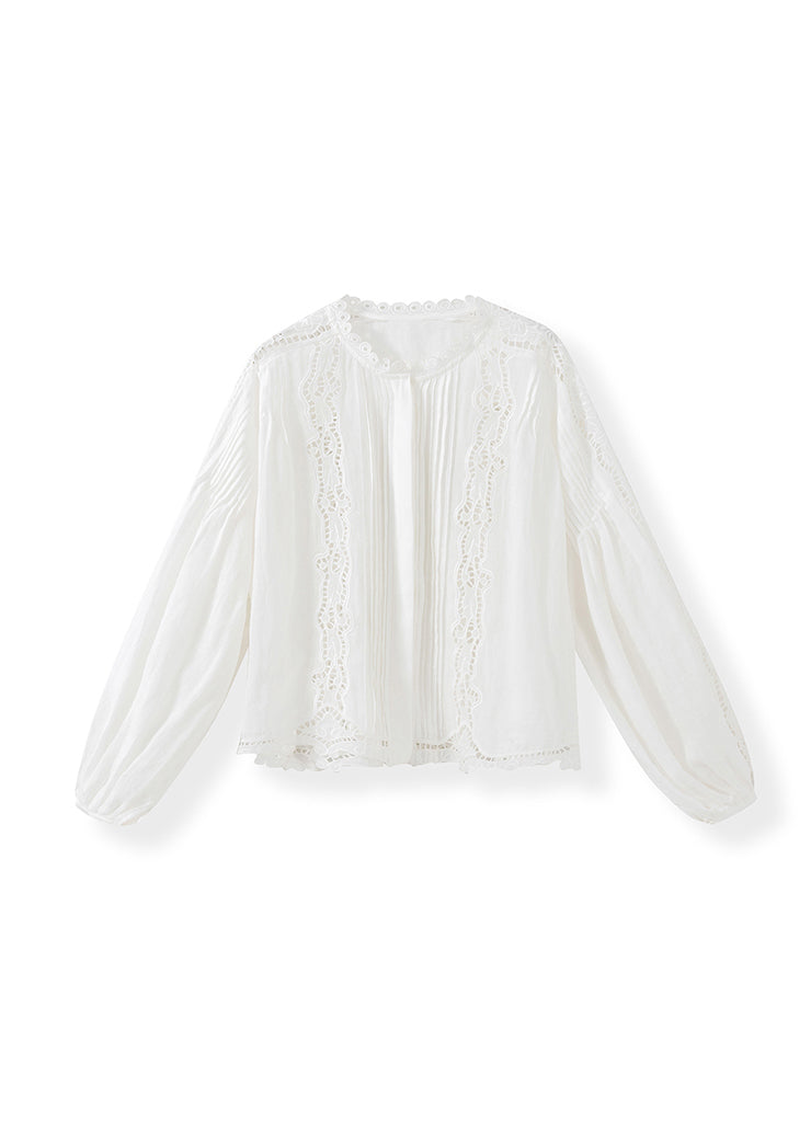 New White Hollow Out Embroidered Linen Blouses Lantern Sleeve