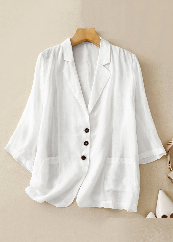 New White Notched Pockets Thin Linen Coats Half Sleeve