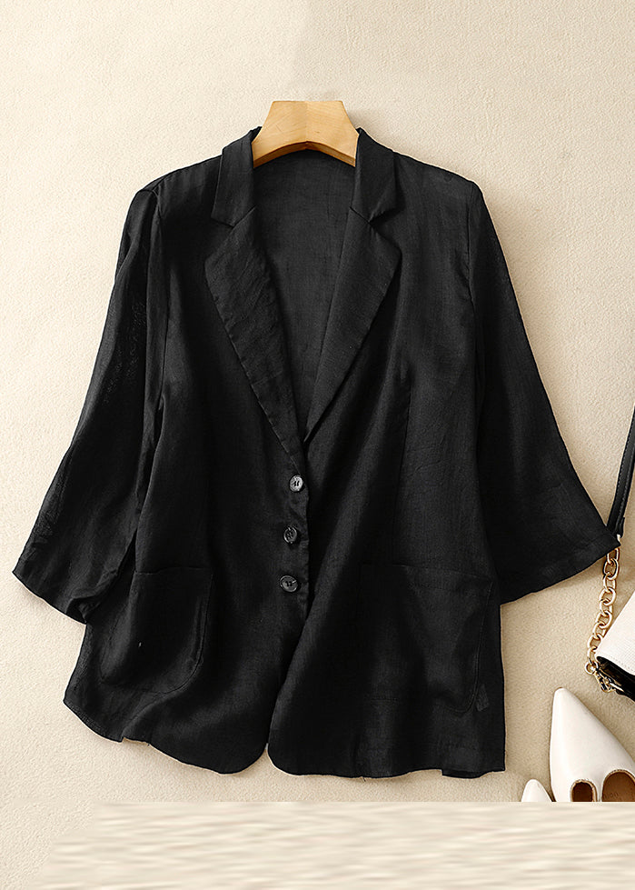 New White Notched Pockets Thin Linen Coats Half Sleeve