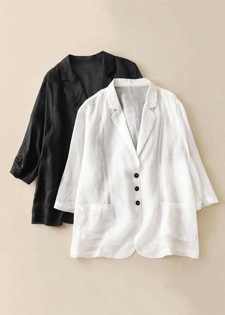 New White Notched Pockets Thin Linen Coats Half Sleeve