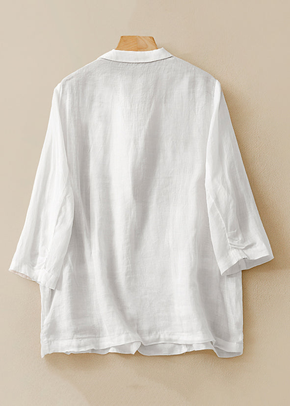 New White Notched Pockets Thin Linen Coats Half Sleeve