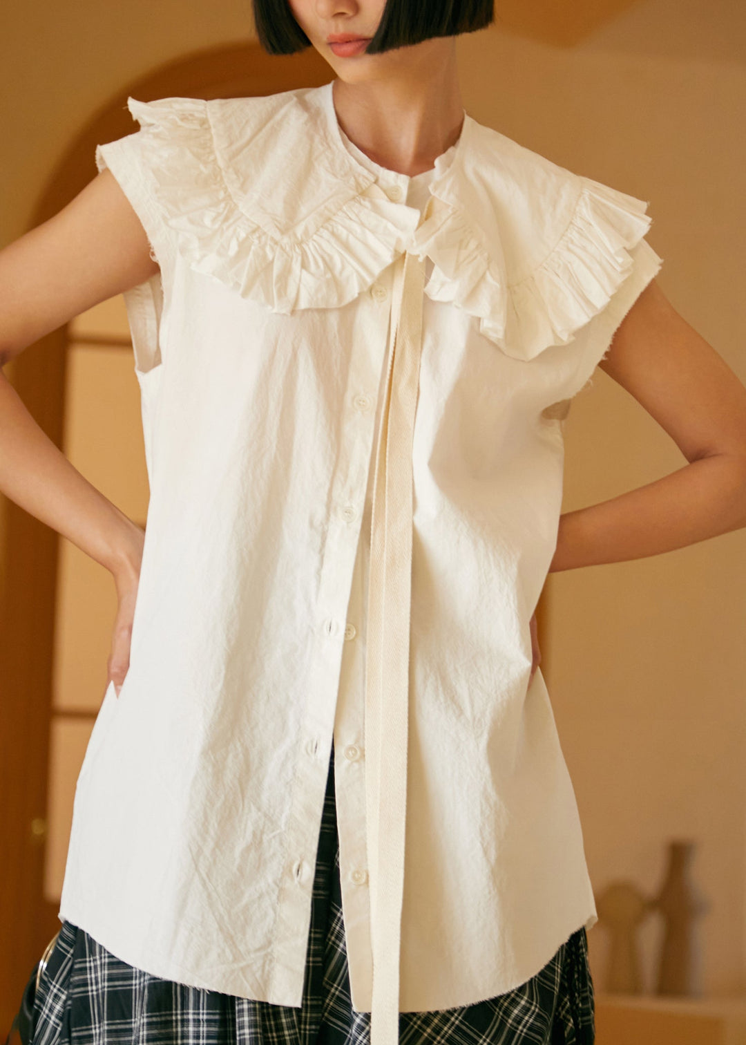 New White Peter Pan Collar Button Cotton Shirt Sleeveless
