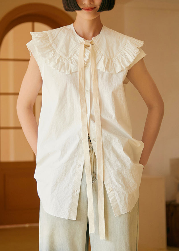 New White Peter Pan Collar Button Cotton Shirt Sleeveless
