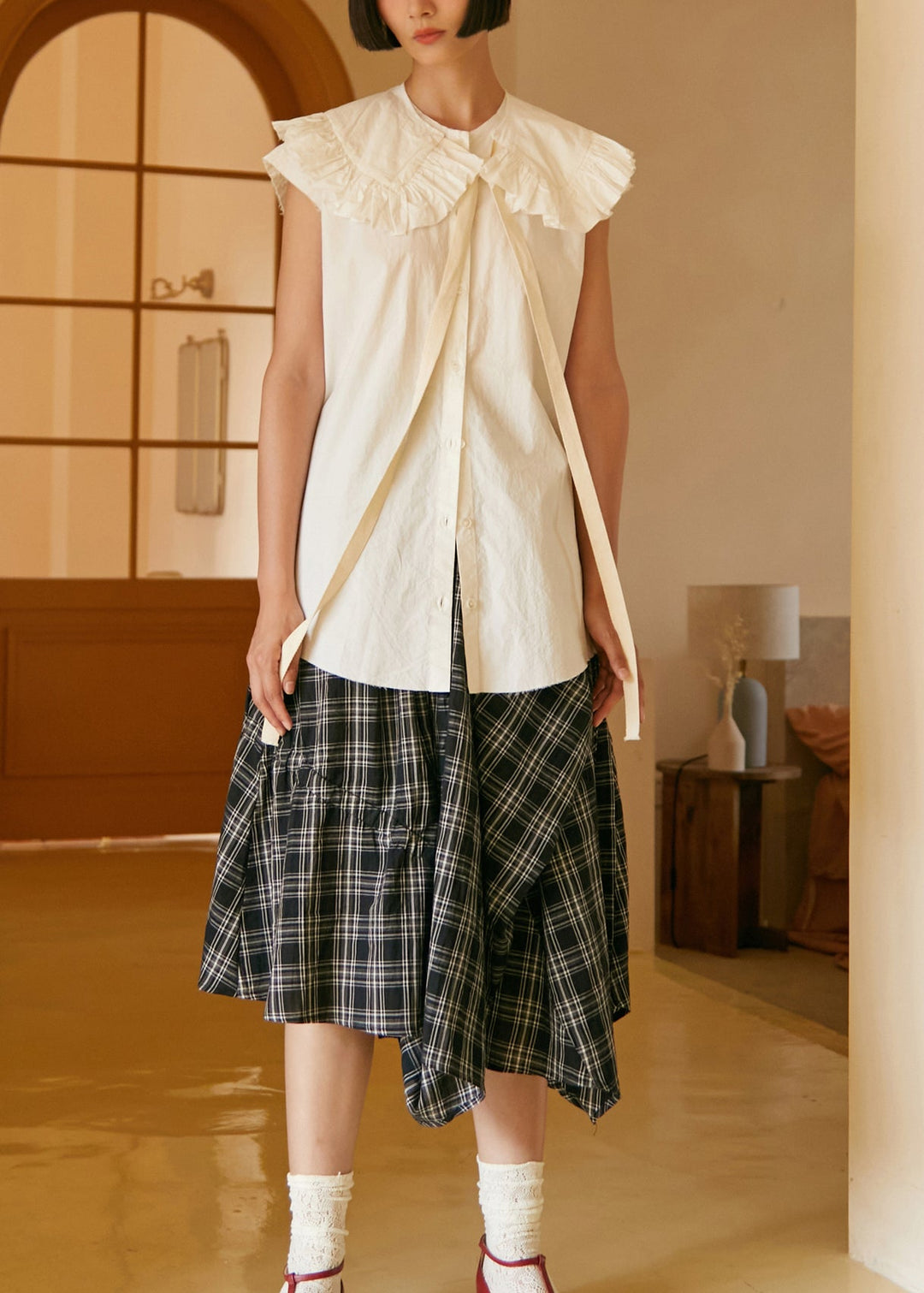 New White Peter Pan Collar Button Cotton Shirt Sleeveless