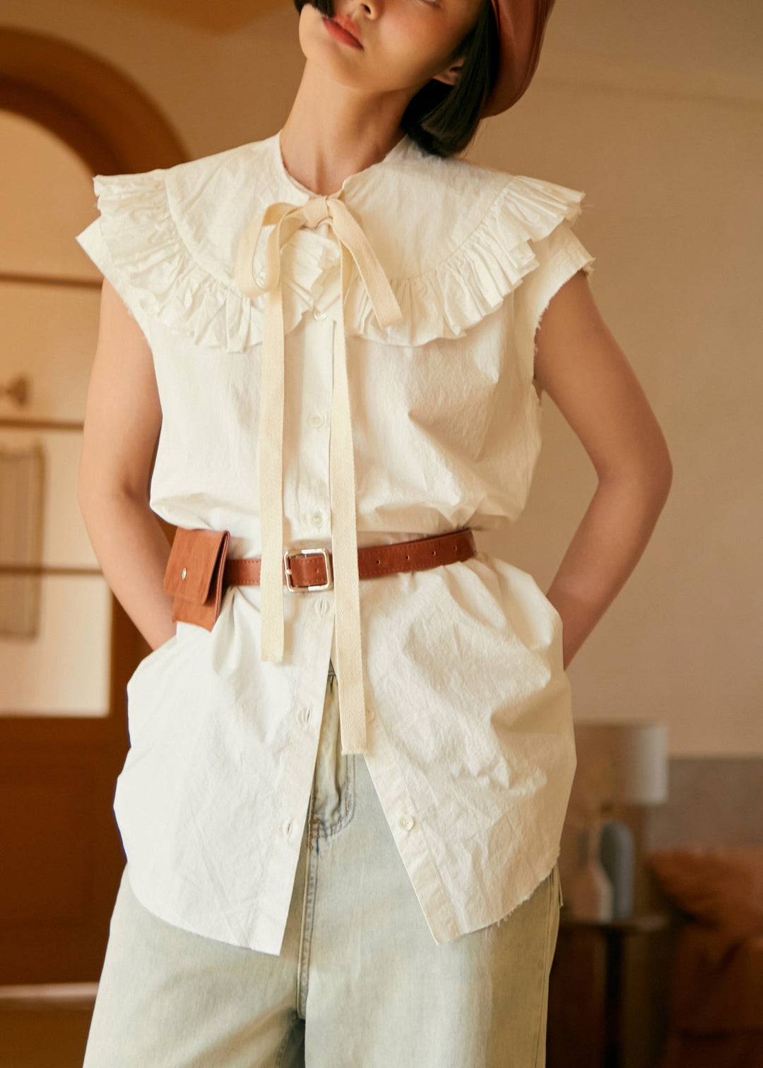 New White Peter Pan Collar Button Cotton Shirt Sleeveless