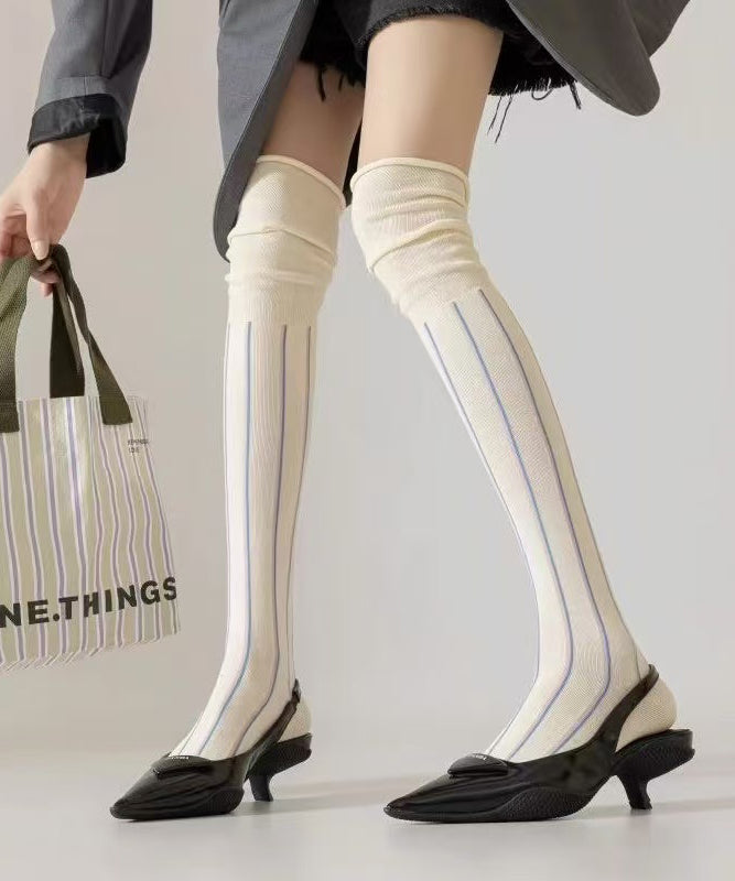New White Trendy Design Striped Knee High Socks