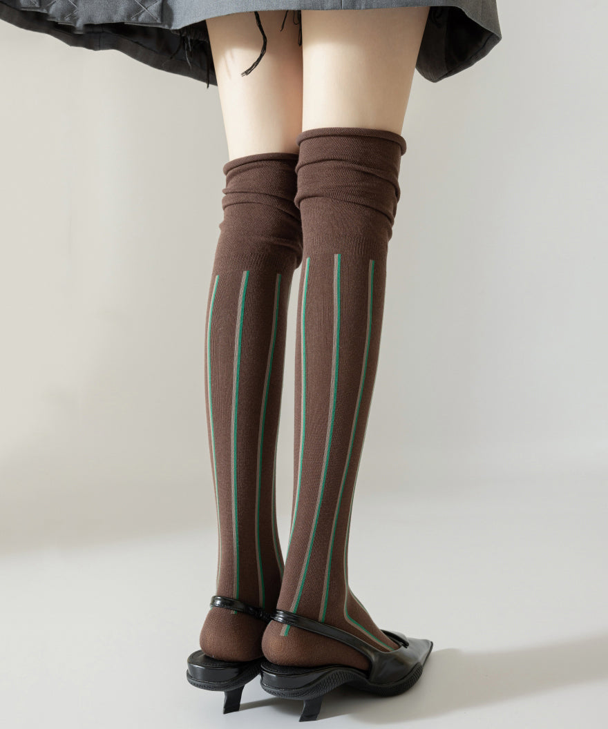 New White Trendy Design Striped Knee High Socks
