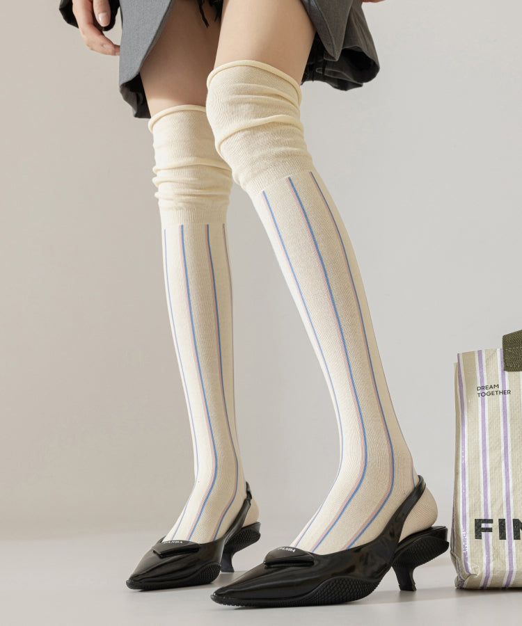 New White Trendy Design Striped Knee High Socks