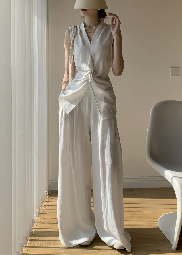 New White V Neck Front Open Tops And Wide Leg Pants Cotton Two Pieces Set Sleeveless