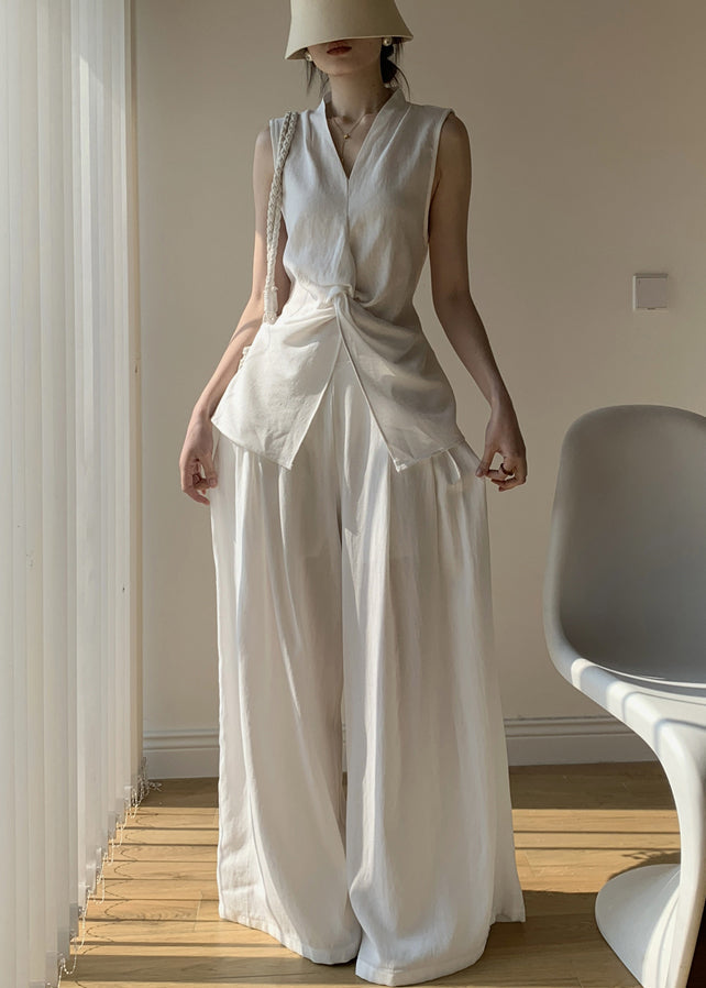 New White V Neck Front Open Tops And Wide Leg Pants Cotton Two Pieces Set Sleeveless