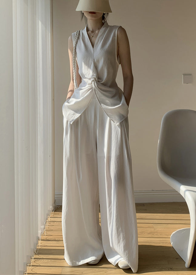 New White V Neck Front Open Tops And Wide Leg Pants Cotton Two Pieces Set Sleeveless