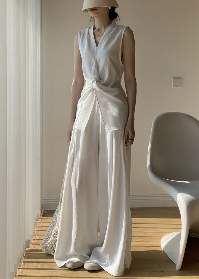 New White V Neck Front Open Tops And Wide Leg Pants Cotton Two Pieces Set Sleeveless