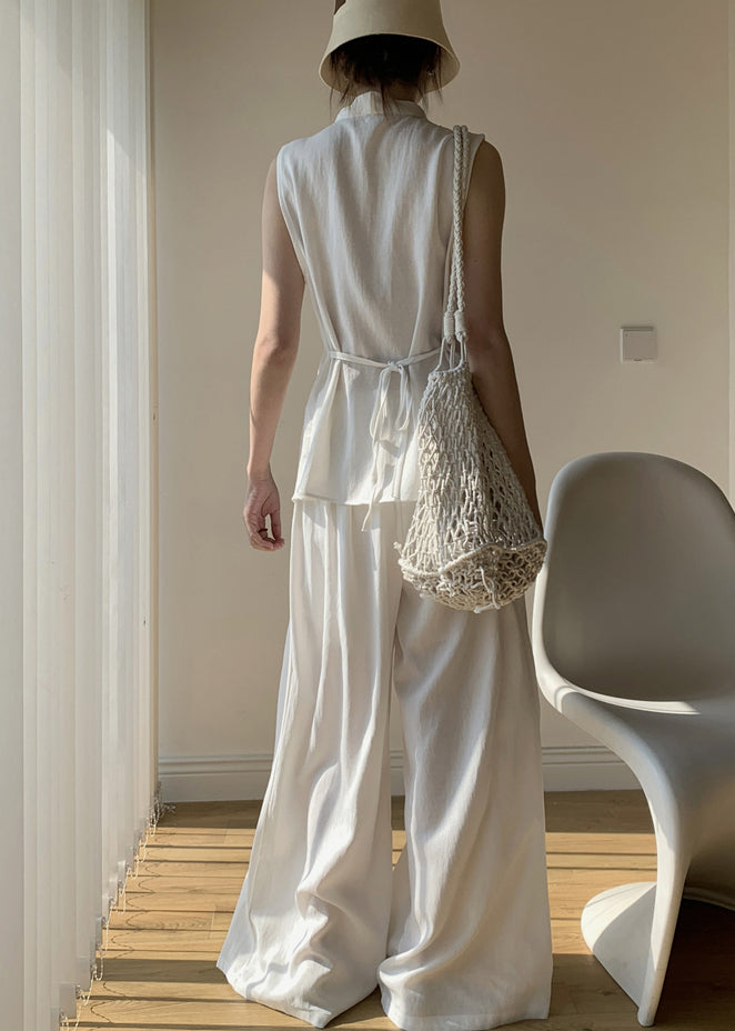 New White V Neck Front Open Tops And Wide Leg Pants Cotton Two Pieces Set Sleeveless