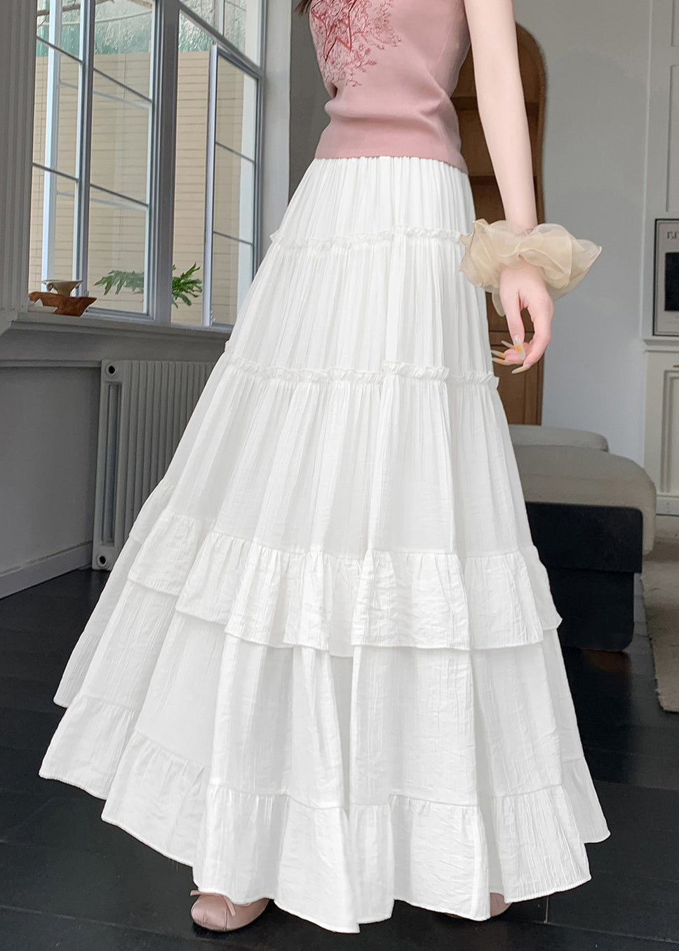 New White Wrinkled Solid Patchwork Cotton A Line Skirts Summer