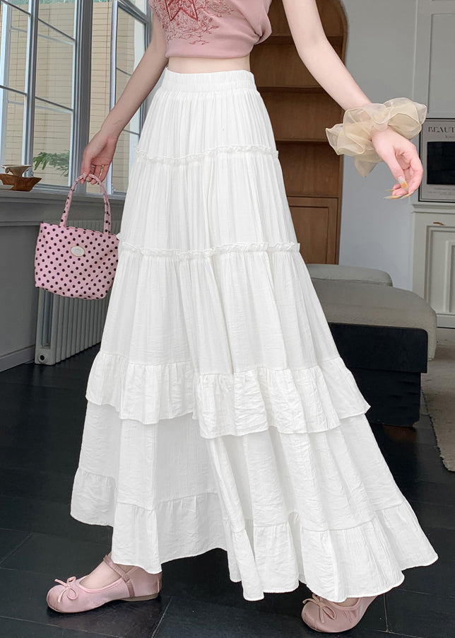 New White Wrinkled Solid Patchwork Cotton A Line Skirts Summer