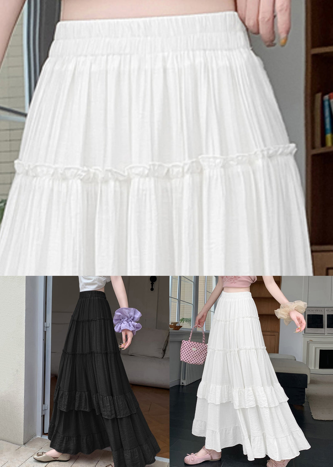 New White Wrinkled Solid Patchwork Cotton A Line Skirts Summer