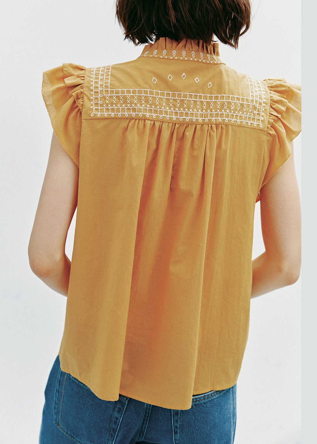 New Yellow Embroidered Tassel Cotton Top Butterfly Sleeve