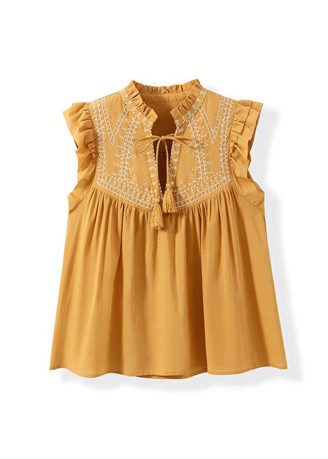 New Yellow Embroidered Tassel Cotton Top Butterfly Sleeve