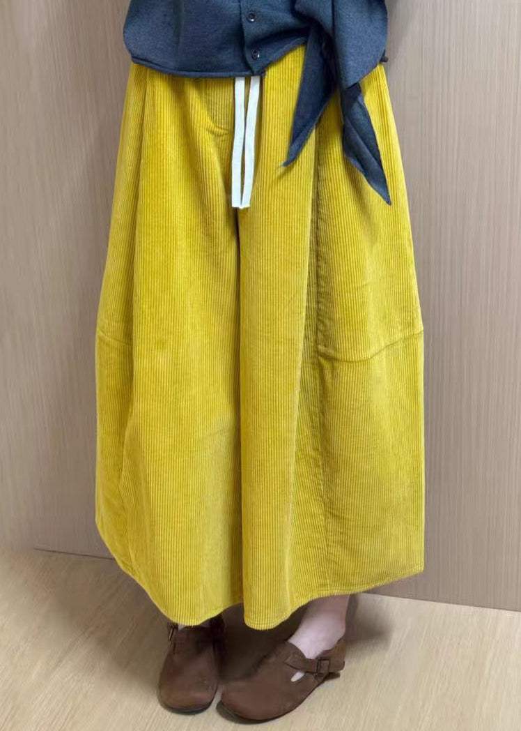 New Yellow Lace Up Elastic Waist Corduroy Crop Pants Fall
