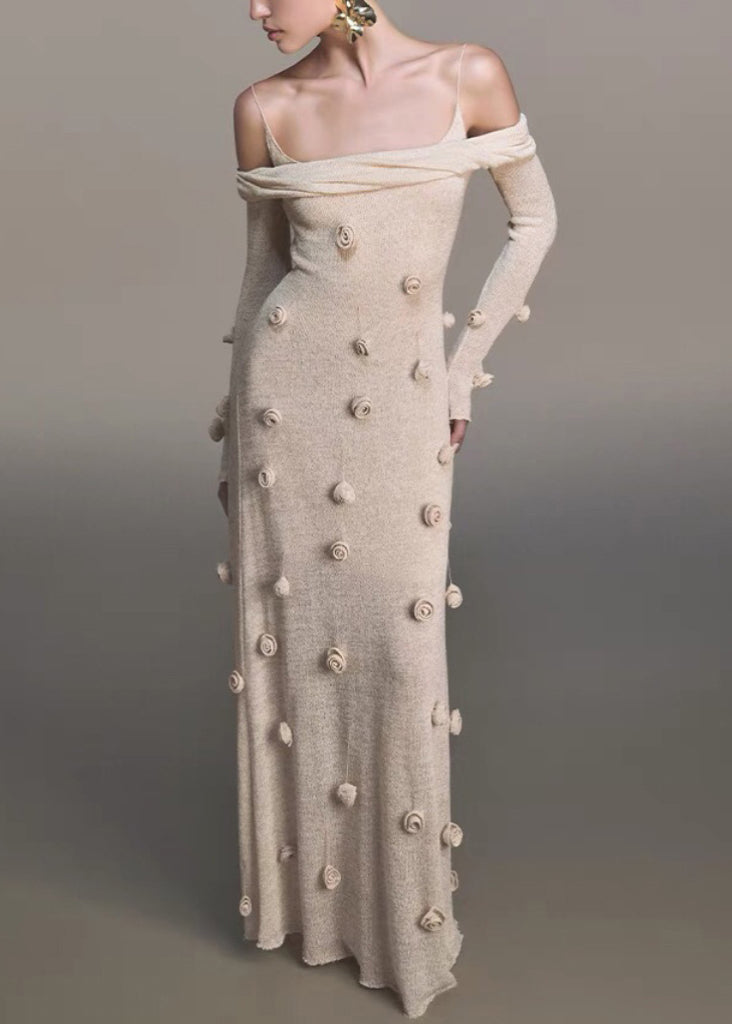 Novelty Beige Floral Slash Neck Knit Maxi Dresses Fall