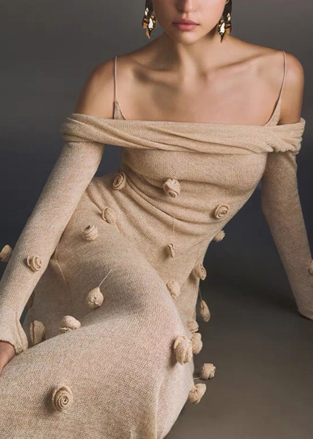 Novelty Beige Floral Slash Neck Knit Maxi Dresses Fall