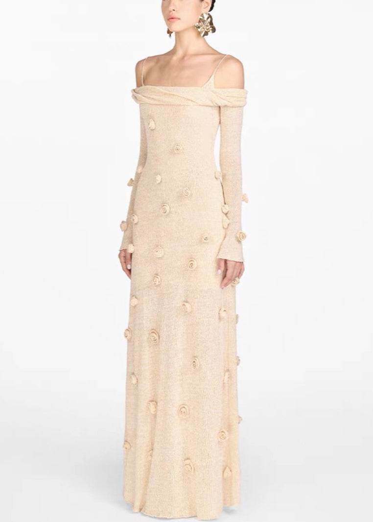 Novelty Beige Floral Slash Neck Knit Maxi Dresses Fall