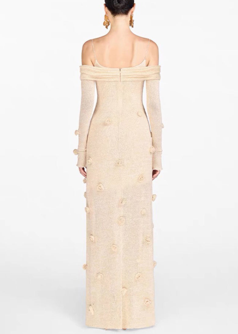 Novelty Beige Floral Slash Neck Knit Maxi Dresses Fall