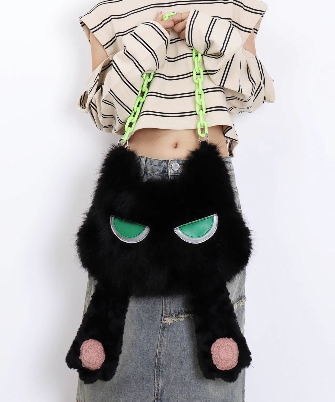 Novelty Black Cat Shaped Fuzzy Fur Fluffy Girls Handbags