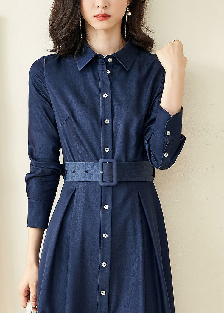 Novelty Blue Peter Pan Collar Button Sashes Maxi Dress Lantern Sleeve