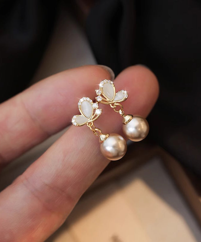 Novelty Champagne Copper Zircon Butterfly Pearl Drop Earrings